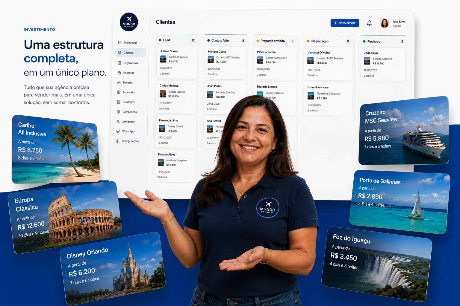 Agente de viagens com painel completo de clientes e pacotes